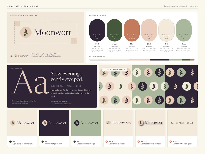 Moonwort Brand guide: palette, serif pairing and the leaf pattern