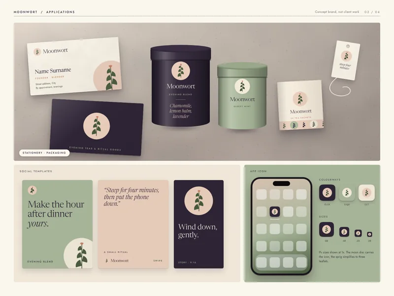 Moonwort Applications: tins, pouch, card, social posts and app icon