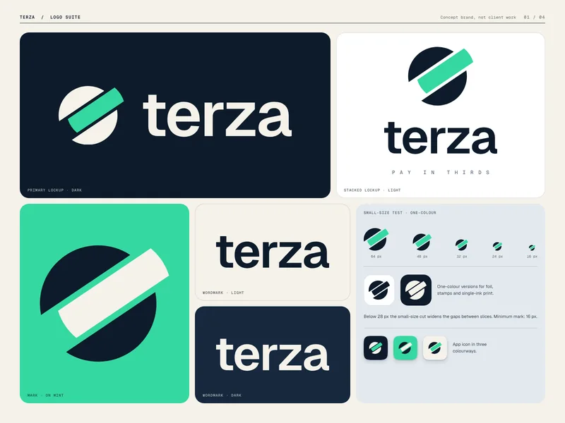 Terza Logo board: mark, wordmark, lockups and small-size versions