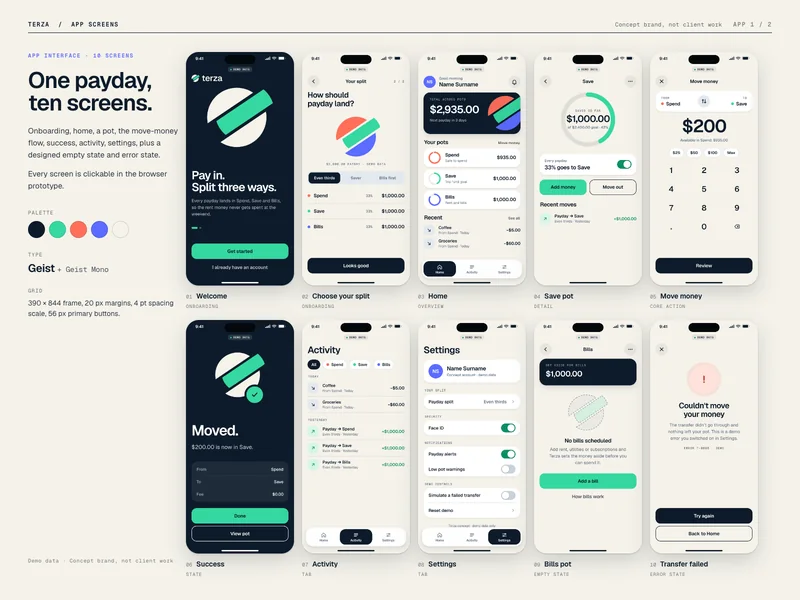 Terza Ten screens: onboarding, home, pots, move money, review, success, error