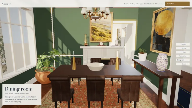 The Calloway: The dining room under a coffered ceiling