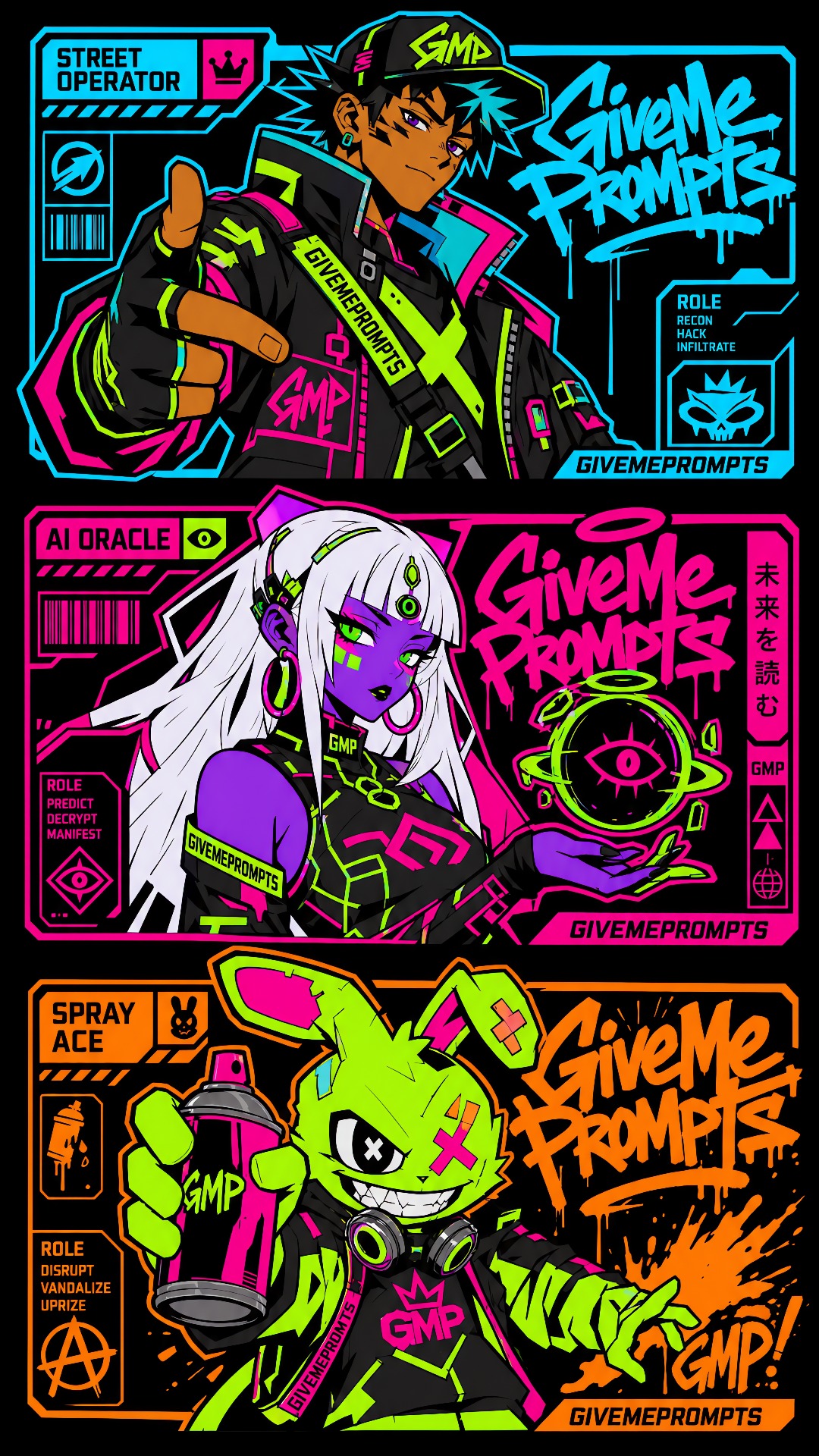 Cel-shaded GiveMePrompts creative crew artwork