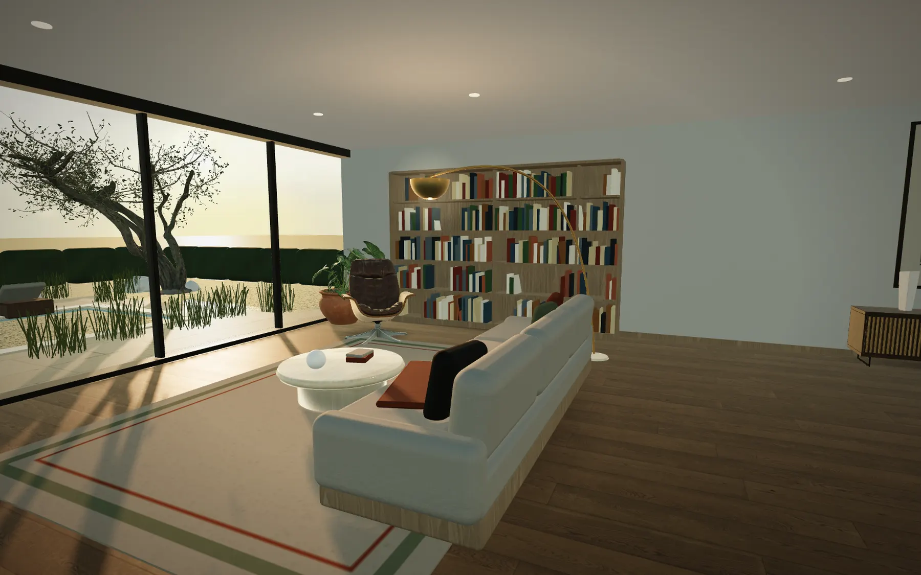 The Alder House living room at golden hour, rendered in the browser
