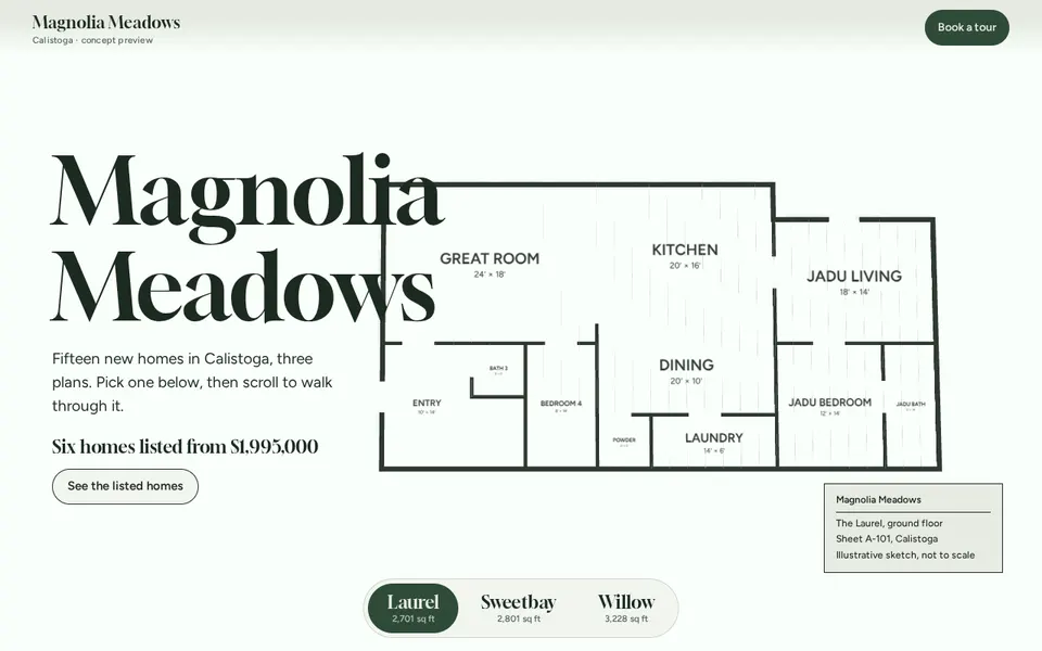 Magnolia Meadows demo: the plan drawn as an architectural sheet